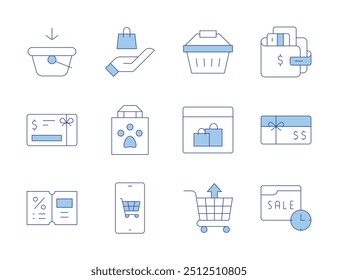 Iconos de compras. Línea estilo Duotone, carrera editable. añadir, dinero, billetera, vale, Tarjeta de regalo, descuento en línea, tienda en línea, bolso de compras, Carrito, en línea, cesta.