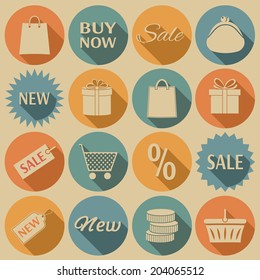 Shopping icons with long shadow. Vector set, EPS 8.