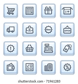 Shopping icons on blue buttons.