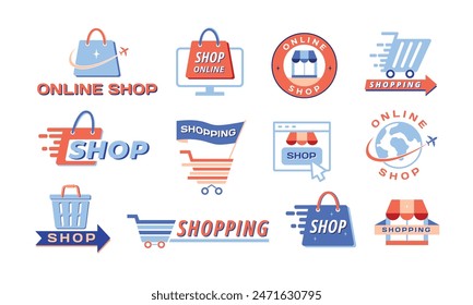 Shopping icons. Online store and digital retail emblems with shopping bags, carts, awning and basket symbols. Vector template set