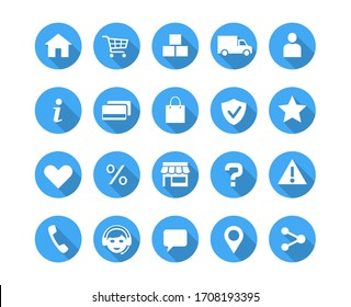 Shopping icons for online store. Round buttons set. Blue white ecommerce symbols. Vector illustration