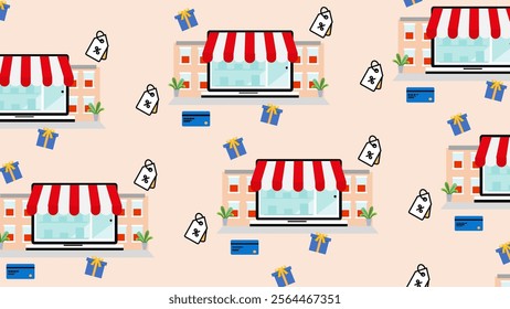Shopping icons pattern background. Shopping icons illustration pattern. Shopping icons background. Perfect for fabrics, print, textile, wallpaper, and decor. SSTKbackgrounds 