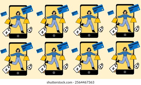 Shopping icons pattern background. Shopping icons illustration pattern. Shopping icons background. Perfect for fabrics, print, textile, wallpaper, and decor. SSTKbackgrounds 