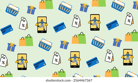 Shopping icons pattern background. Shopping icons illustration pattern. Shopping icons background. Perfect for fabrics, print, textile, wallpaper, and decor. SSTKbackgrounds 