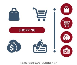 Shopping icons. Retail, commerce, shopping bag, shopping cart, coins, check, money, buy, pay icon. Professional, 32x32 pixel perfect vector icon.