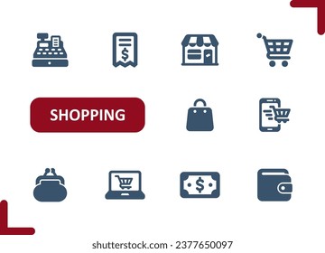 Shopping Icons. Retail, Commerce, Cash Register, Shop, Store, Bag, Cart, Buy, Buying Icon. Professional, pixel perfect vector icon set.