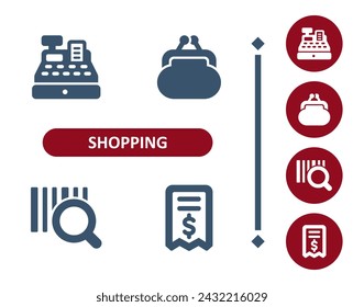 Shopping icons. Retail, commerce, cash register, till, change purse, coin purse, wallet, barcode, receipt icon. Professional, 32x32 pixel perfect vector icon.