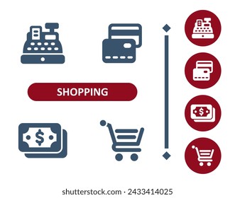 Shopping icons. Retail, commerce, cash register, till, credit card, cash, money, dollar, shopping cart icon. Professional, 32x32 pixel perfect vector icon.