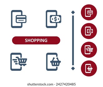 Shopping icons. Retail, commerce, online shopping, e-commerce, smartphone, mobile phone, cart, basket icon. Professional, 32x32 pixel perfect vector icon.