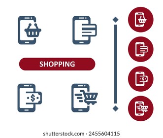 Shopping icons. Retail, commerce, online shopping, e-commerce, smartphone, shopping basket, cart, credit card, money icon. Professional, 32x32 pixel perfect vector icon.