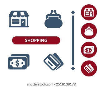 Ícones de compras. Varejo, comércio, loja, loja, carteira, bolsa de mudança, dinheiro, dinheiro, dólar, ícone de cartão de crédito. Profissional, ícone de vetor perfeito de 32x32 pixels.