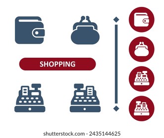 Shopping icons. Retail, commerce, wallet, change purse, coin purse, cash register, till icon. Professional, 32x32 pixel perfect vector icon.