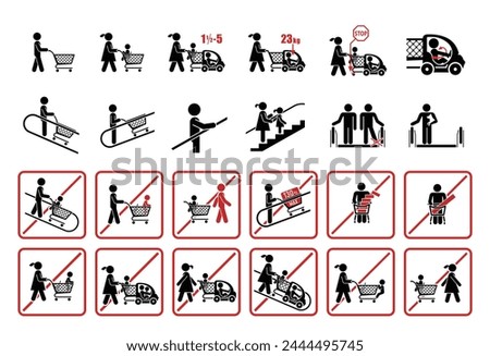 Shopping icons. Rules for using shopping carts and trolley.