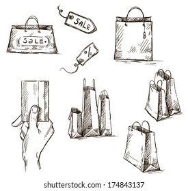 Iconos de compras, etiqueta de venta, bolsas de papel, mano con ilustración de tarjeta de crédito