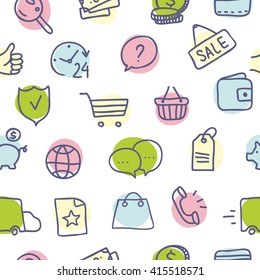 Shopping Icons seamless pattern, doodle vector illustration