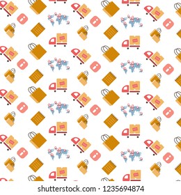 shopping icons seamless pattern international delivery service white background flat