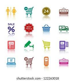 Shopping icons, services supermarket. Set 1 (one), vector illustration, symbols colored with reflection.