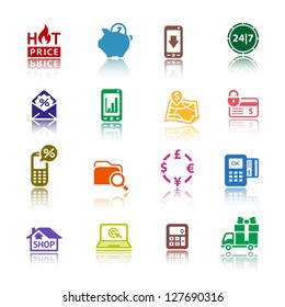 Shopping icons, services supermarket. Set 2 (two), vector illustration, symbols colored with reflection.