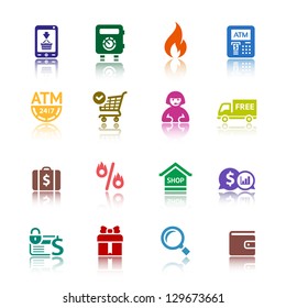 Shopping icons, services supermarket. Set 3 (three), vector illustration, symbols colored with reflection.