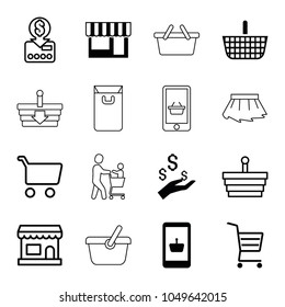 Shopping icons. set of 16 editable filled and outline shopping icons such as put money on card, store, money on hand