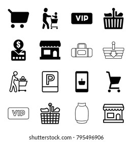 Shopping icons. set of 16 editable filled and outline shopping icons such as put money on card, store, parking, vip, skirt