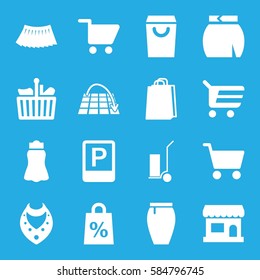 shopping icons set. Set of 16 shopping filled icons such as necklace, skirt, cart cargo, parking, store