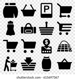 Shopping icons set. set of 16 shopping filled icons such as skirt, parking, move on map, put money on card