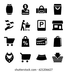 Shopping icons set. set of 16 shopping filled icons such as necklace, money on hand, skirt, parking, card, store, put money on card