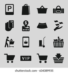 Shopping icons set. set of 16 shopping filled icons such as vip, money on hand, skirt, cart cargo, parking, put money on card, credit card in hand