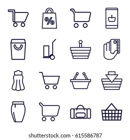 Shopping icons set. set of 16 shopping outline icons such as skirt, cart cargo, credit card in hand