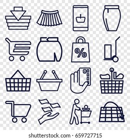 Shopping icons set. set of 16 shopping outline icons such as money on hand, skirt, cart cargo, credit card in hand