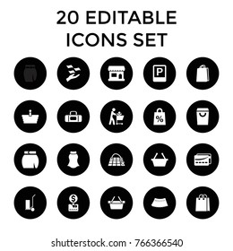 Shopping icons. set of 20 editable filled shopping icons such as money on hand, skirt, cart cargo, store, move on map, parking, card, put money on card
