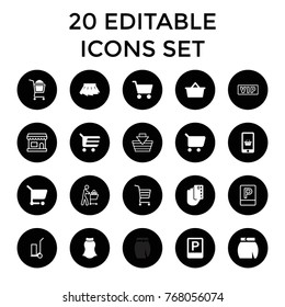 Shopping icons. set of 20 editable filled and outline shopping icons such as skirt, credit card in hand, parking, vip, cart cargo