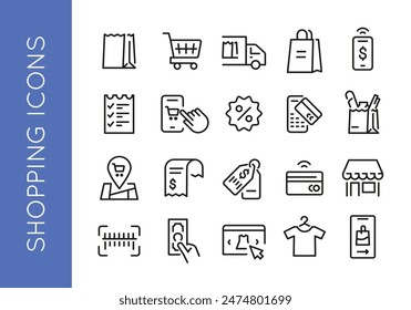 Shopping icons. Set of 20 shopping trendy minimal icons. Design signs for web page, mobile app, packaging design. Vector illustration.