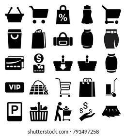 Shopping icons. set of 25 editable filled shopping icons such as skirt, cart cargo, sport bag, move on map, parking, card, vip, money on hand