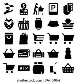 shopping icons set. Set of 25 shopping filled icons such as vip, necklace, money on hand, skirt, cart cargo, parking, card, put money on card, credit card in hand