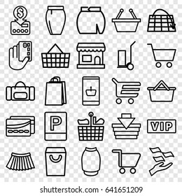 Shopping icons set. set of 25 shopping outline icons such as vip, money on hand, skirt, cart cargo, parking, card, put money on card, credit card in hand, sport bag, store