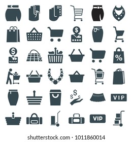 Shopping icons. set of 36 editable filled shopping icons such as vip, necklace, skirt, cart cargo, put money on card, credit card in hand, sport bag, move on map