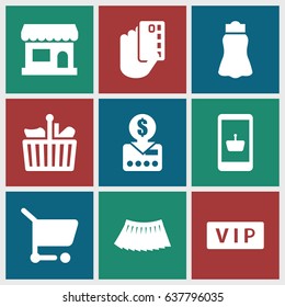 Shopping icons set. set of 9 shopping filled icons such as vip, skirt, store, put money on card