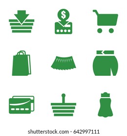 Shopping icons set. set of 9 shopping filled icons such as skirt, card