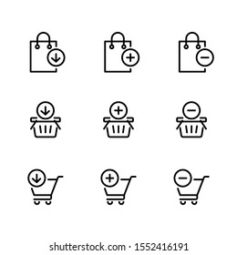 Shopping icons set. Add and delete shopping bags, baskets and trolleys. Simple design. Line vector. Isolate on white background.