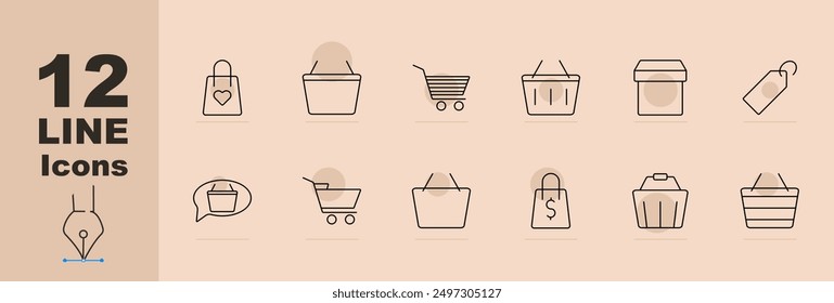 Conjunto de iconos de compras. Bolso de compras con el corazón, cesta vacía, Carrito, cesta del producto, caja del producto, etiqueta del Precio, burbuja del discurso, Carrito con el producto, bolso con el dólar, bolso para llevar