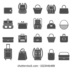 Shopping icons set. Bag icons. Set of stylish women's handbags - tote, shopper, hobo, bucket, satchel and pouch bags. Pupil’s Colorful Backpacks Set.