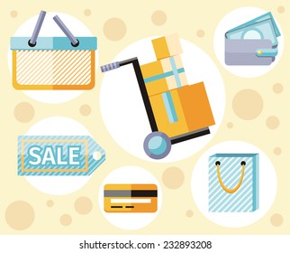 Shopping icons set with basket, bag, purse in flat design style. Delivery concept