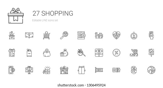 shopping icons set. Collection of shopping with gifts, new, elevator, store, gift, online payment, promotions, purse, tote bag, mall, online shop. Editable and scalable shopping icons.