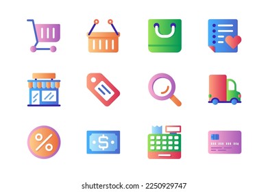 Shopping icons set in color flat design. Pack of supermarket cart, basket, bag, wish list, store building, sale, discount coupon, credit card and other. Vector pictograms for web sites and mobile app