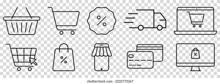 Shopping-Icons Set. Design für Web- und mobile App. Vektorgrafik einzeln auf transparentem Hintergrund