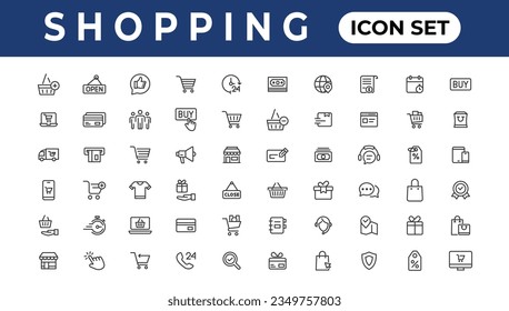 Juego de iconos de compras. Colección de iconos de comercio electrónico. Compra en línea de iconos de línea delgada.Iconos de compras simples vectores