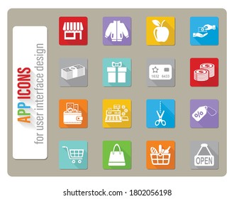 iconos de compras ajustados en diseño plano con sombra larga