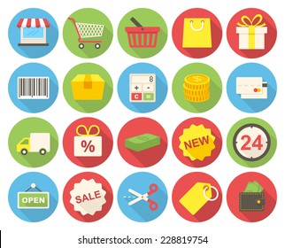 Shopping icons set (flat design with long shadows)